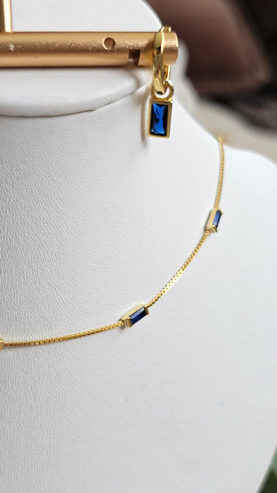 Sterling silver s925 gold plated necklace earrings set Zirconia navy rectangle