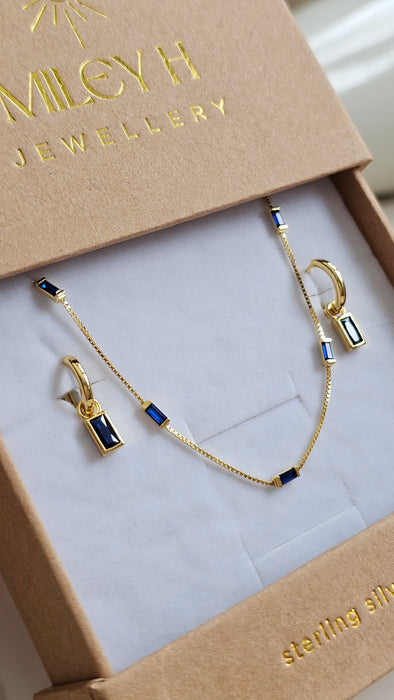 Sterling silver s925 gold plated necklace earrings set Zirconia navy rectangle