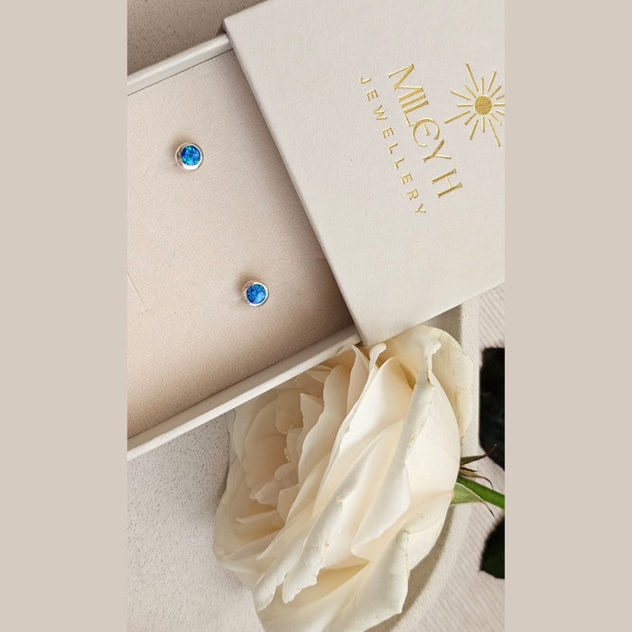 Sterling silver s925 earrings Blue Opal stone stud round 💙 Gift 🎁