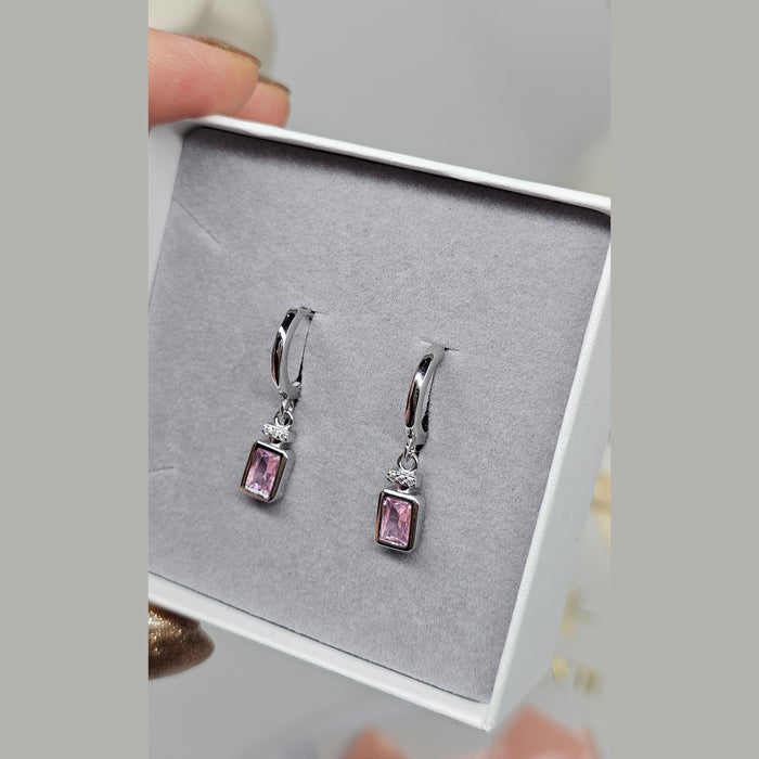 Sterling silver s925 earrings pink Zirconia rectangle Gift 🎁