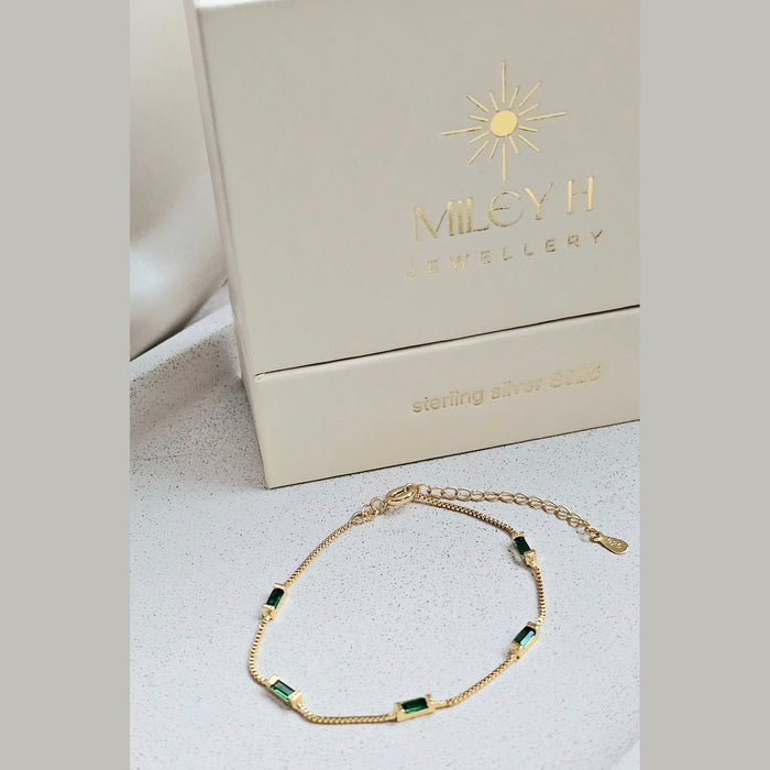 Sterling silver s925 gold plated bracelet green zirconia rectangle