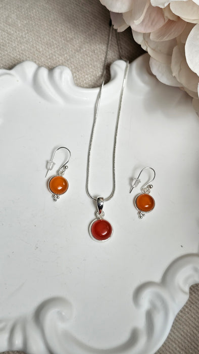 Sterling silver s925 pendant necklace earrings set Carnelian round