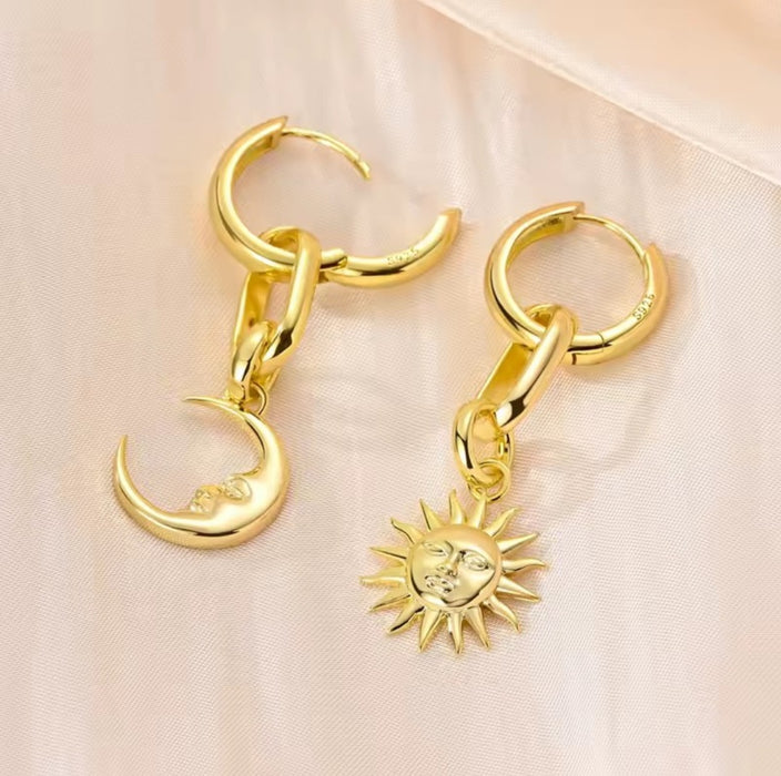 Sterling silver s925 earrings gold plated drop hoop moon sun