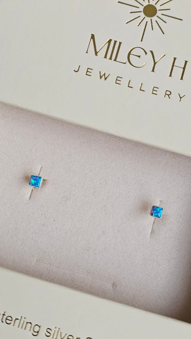 Sterling silver s925 earrings blue opal Minimalist square stud