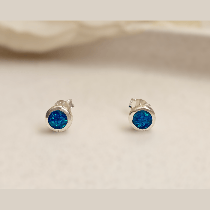 Sterling silver s925 earrings Blue Opal stone stud round 💙 Gift 🎁