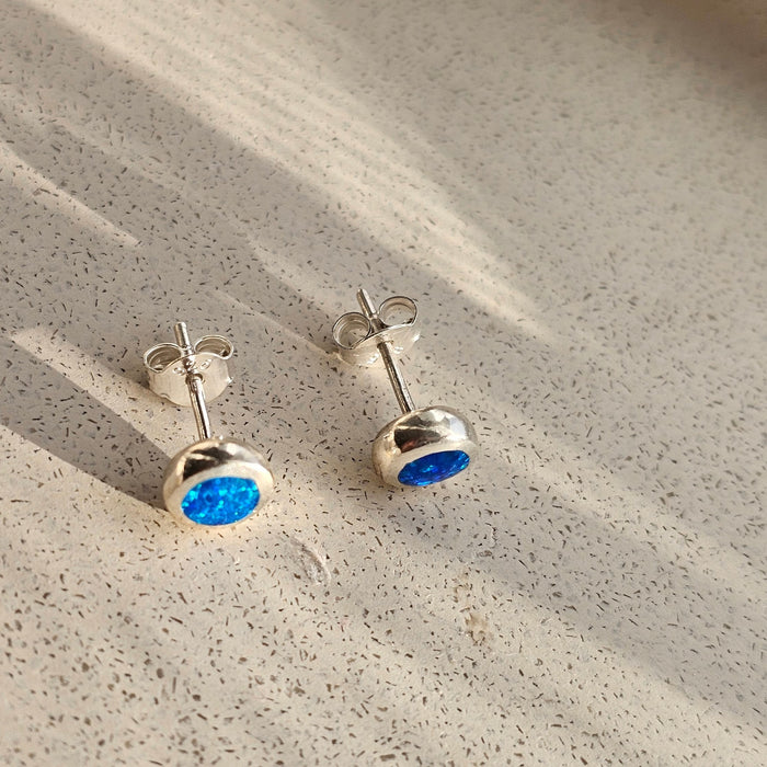 Sterling silver s925 earrings Blue Opal stone stud round 💙 Gift 🎁