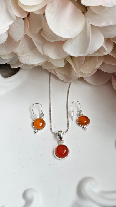 Sterling silver s925 pendant necklace earrings set Carnelian round