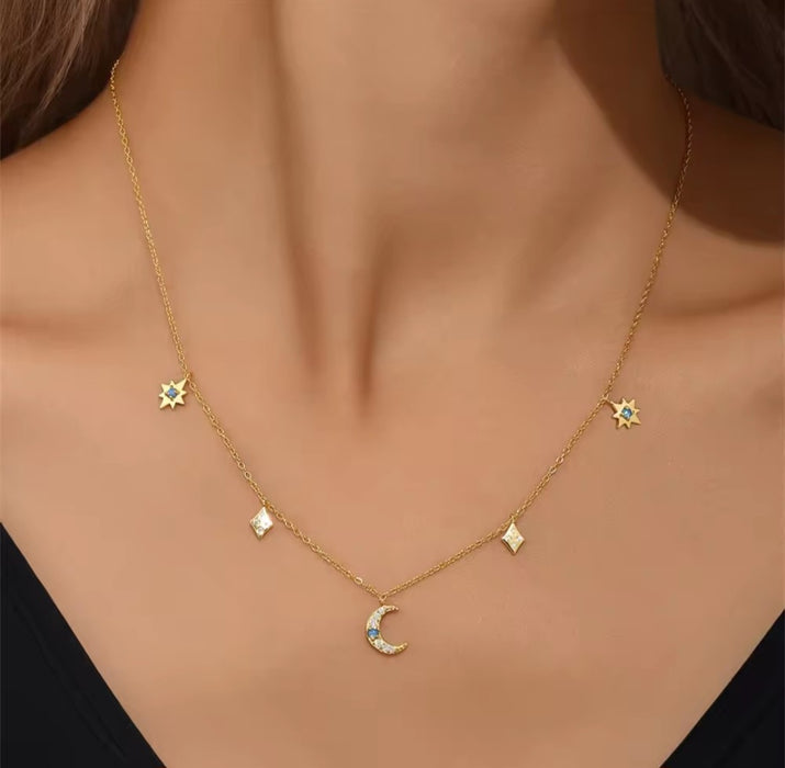 Sterling silver s925 gold plated necklace Zirconia moon star
