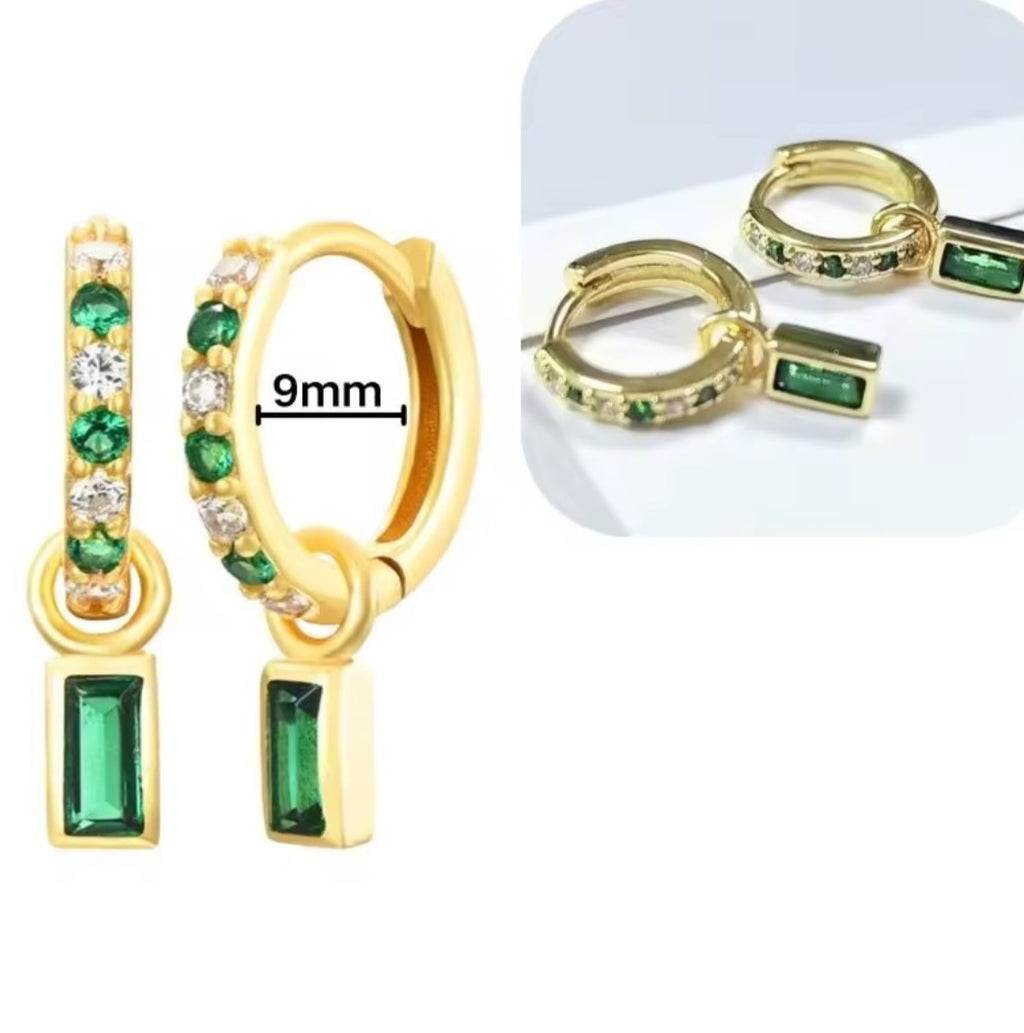 Sterling silver s925 gold plated Hoop Earrings green CZ