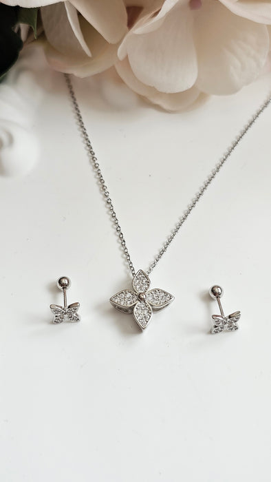Sterling silver s925 necklace earrings set flower zirconia