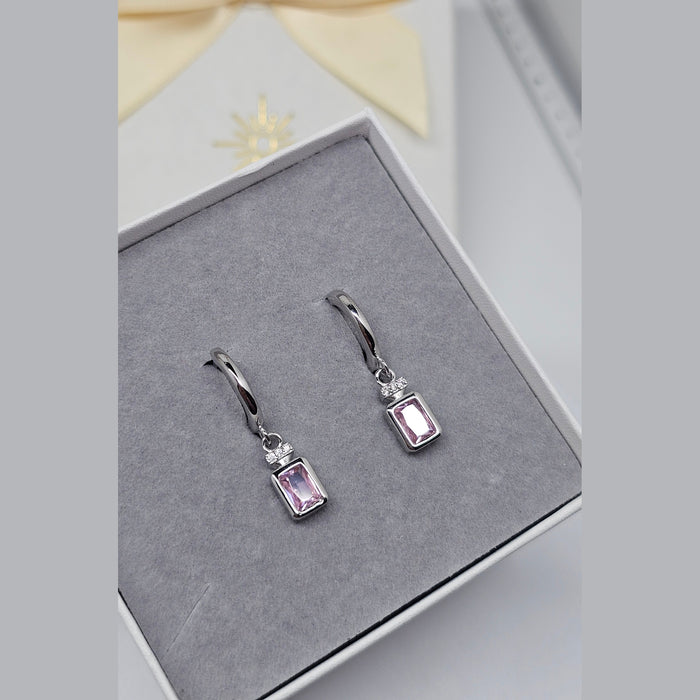 Sterling silver s925 earrings pink Zirconia rectangle Gift 🎁