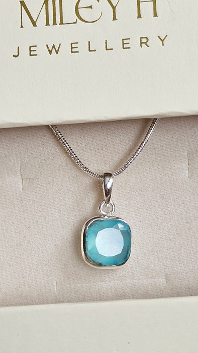 Sterling silver s925 pendant necklace blue chalcedony hand made square