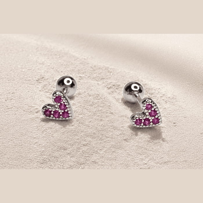 Sterling silver s925 earrings magenta heart zirconia Minimalist