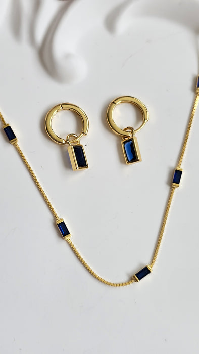 Sterling silver s925 gold plated necklace earrings set Zirconia navy rectangle