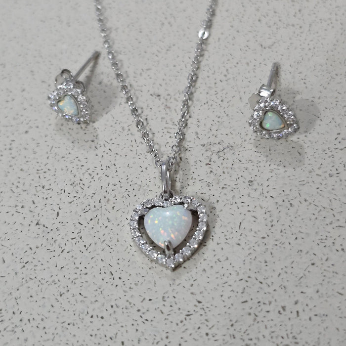 Sterling silver s925 earrings pendant necklace set Zirconia opal heart ❤️