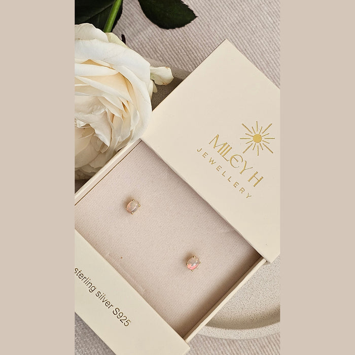 Sterling silver s925 gold plated earrings milky opal stud