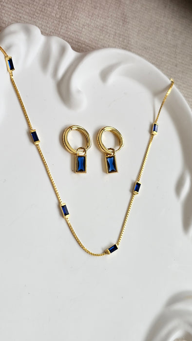 Sterling silver s925 gold plated necklace earrings set Zirconia navy rectangle