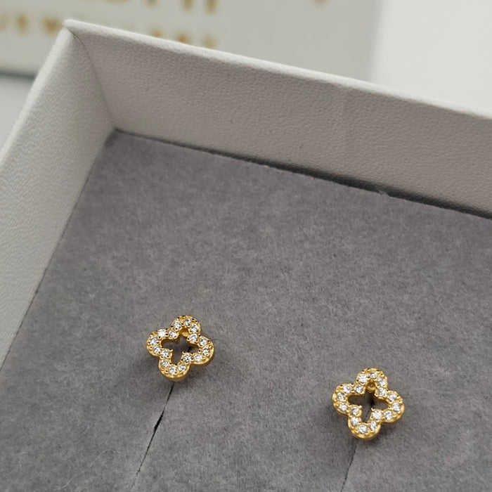 Sterling silver s925 gold plated earrings clover zirconia ball back Gift 🎁