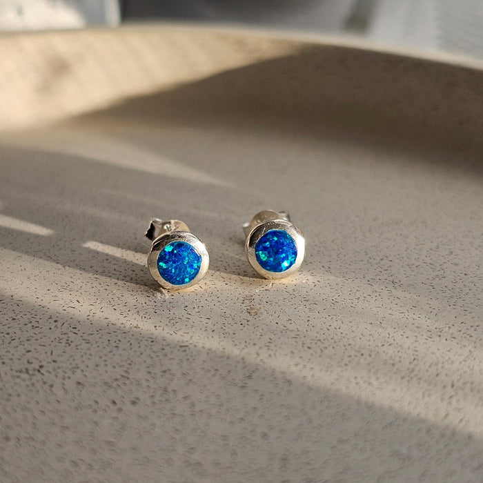 Sterling silver s925 earrings Blue Opal stone stud round 💙 Gift 🎁