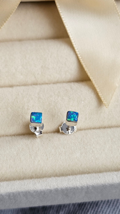 Sterling silver s925 earrings blue opal Minimalist square stud