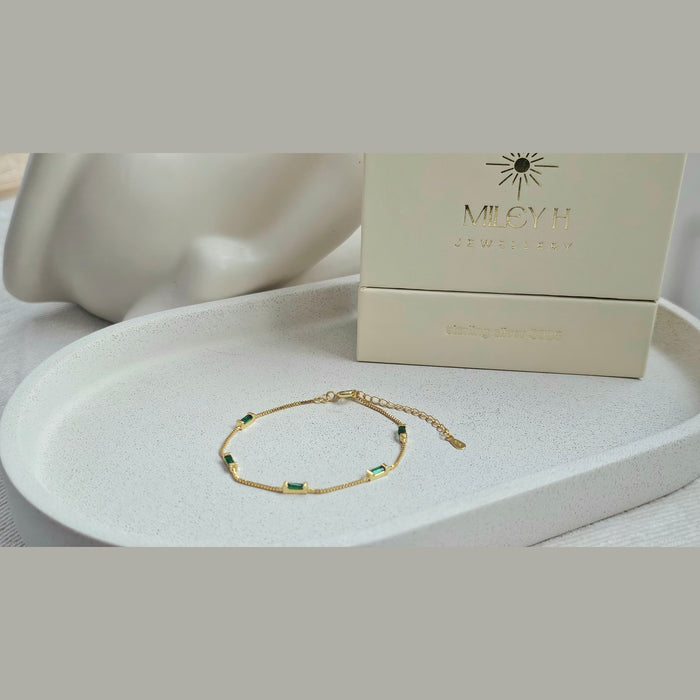 Sterling silver s925 gold plated bracelet green zirconia rectangle