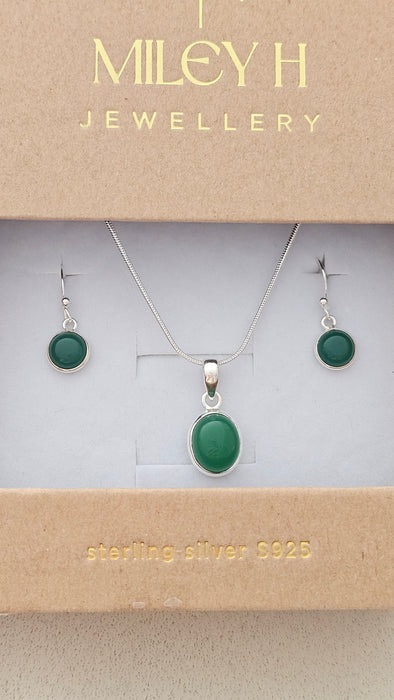 Sterling silver s925 green Onyx jewelry set earrings pendant necklace