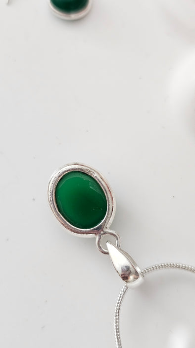 Sterling silver s925 green Onyx jewelry set earrings pendant necklace