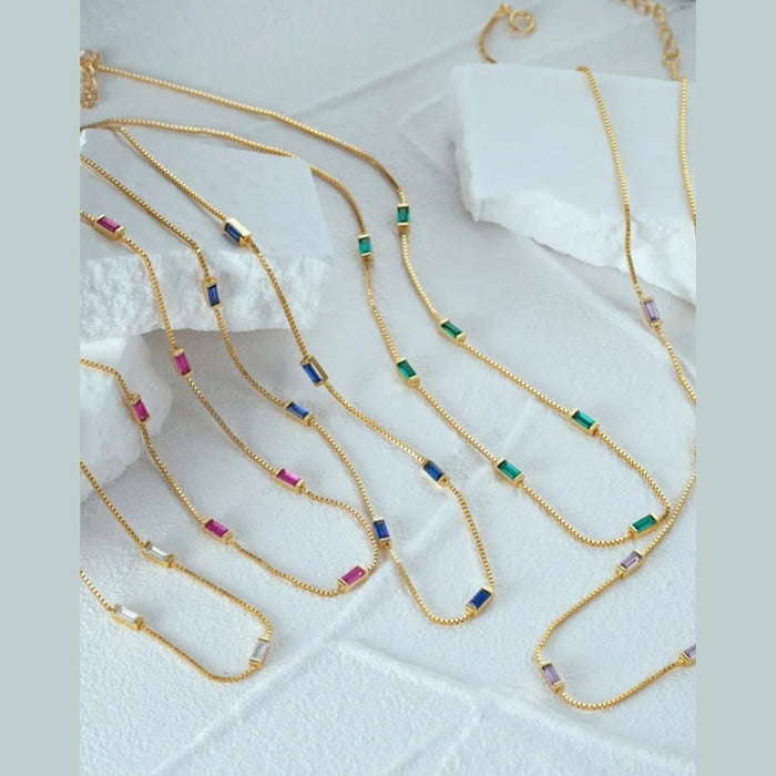Sterling silver gold-plated necklace green zirconia rectangle