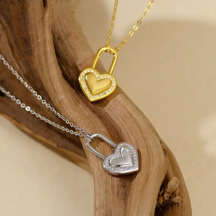 Gold plated 14k Sterling Silver s925 Heart Padlock Pendant Necklace