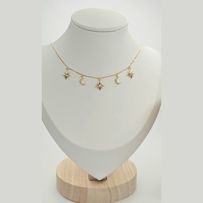 Sterling silver s925 gold plated necklace moon star zirconia Gift