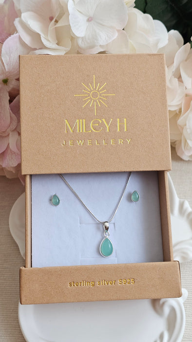 Aqua Chalcedony Sterling Silver S925 jewelry set , earrings and pendant necklace drop