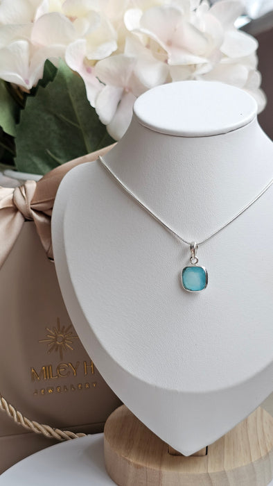 Sterling silver s925 pendant necklace blue chalcedony hand made square