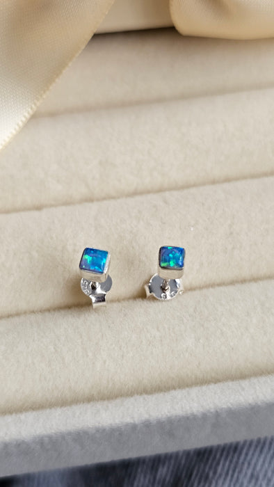 Sterling silver s925 earrings blue opal Minimalist square stud