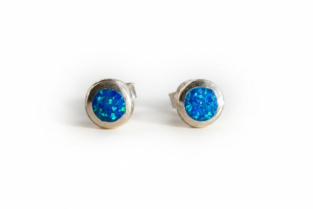 Sterling silver s925 earrings Blue Opal stone stud round 💙 Gift 🎁