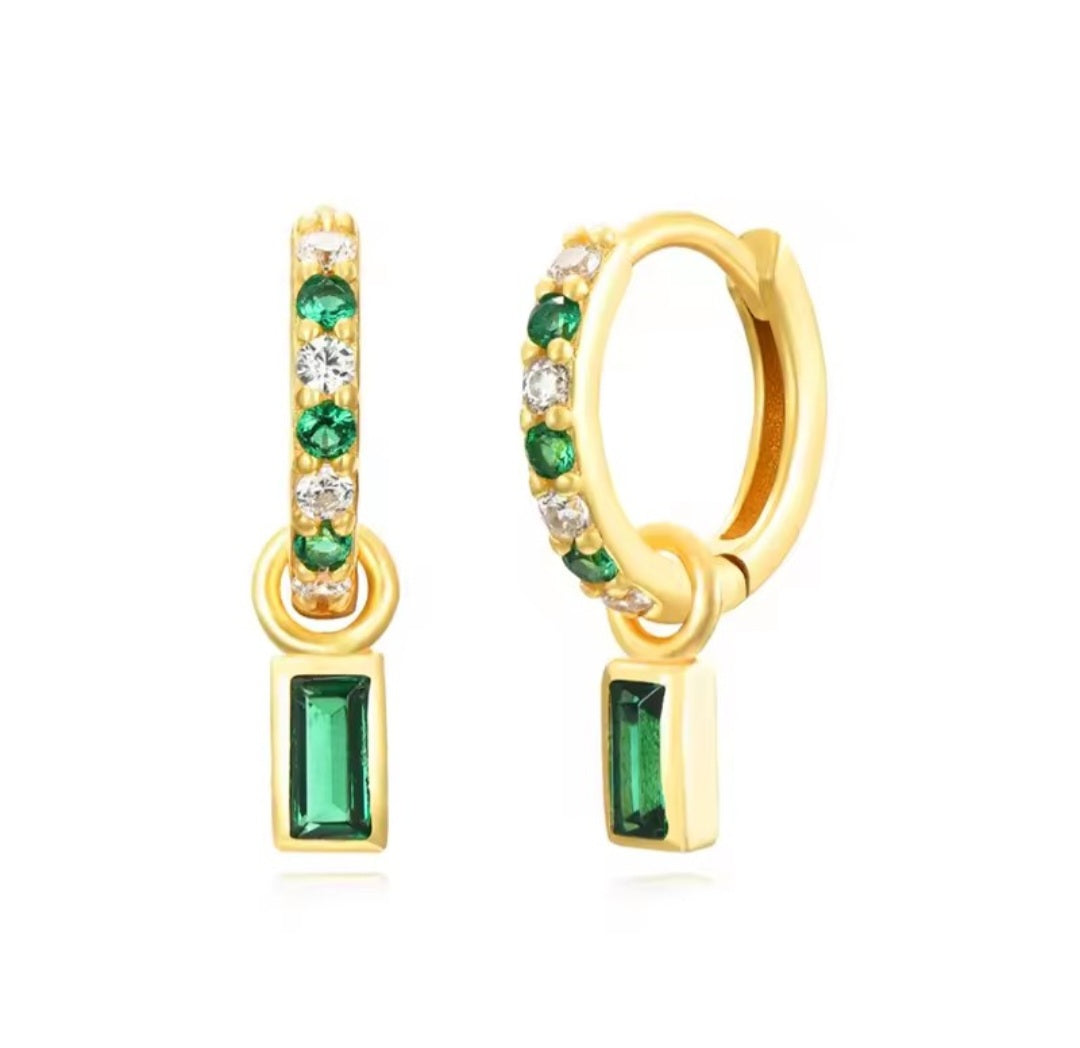 Sterling silver s925 gold plated Hoop Earrings green CZ