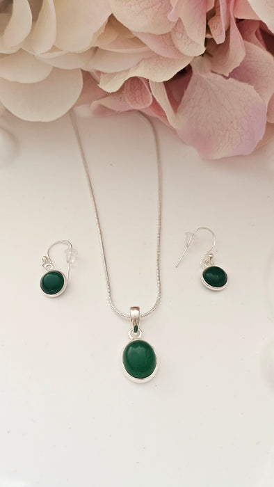 Sterling silver s925 green Onyx jewelry set earrings pendant necklace