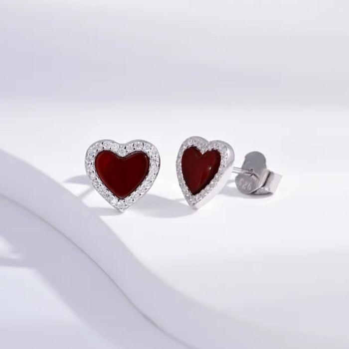 Sterling silver s925 earrings stud hearts Zirconia red