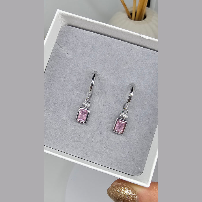 Sterling silver s925 earrings pink Zirconia rectangle Gift 🎁