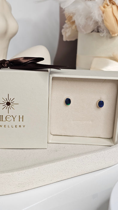 Sterling silver s925 earrings natural Black Opal stone stud