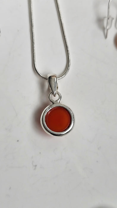 Sterling silver s925 pendant necklace earrings set Carnelian round