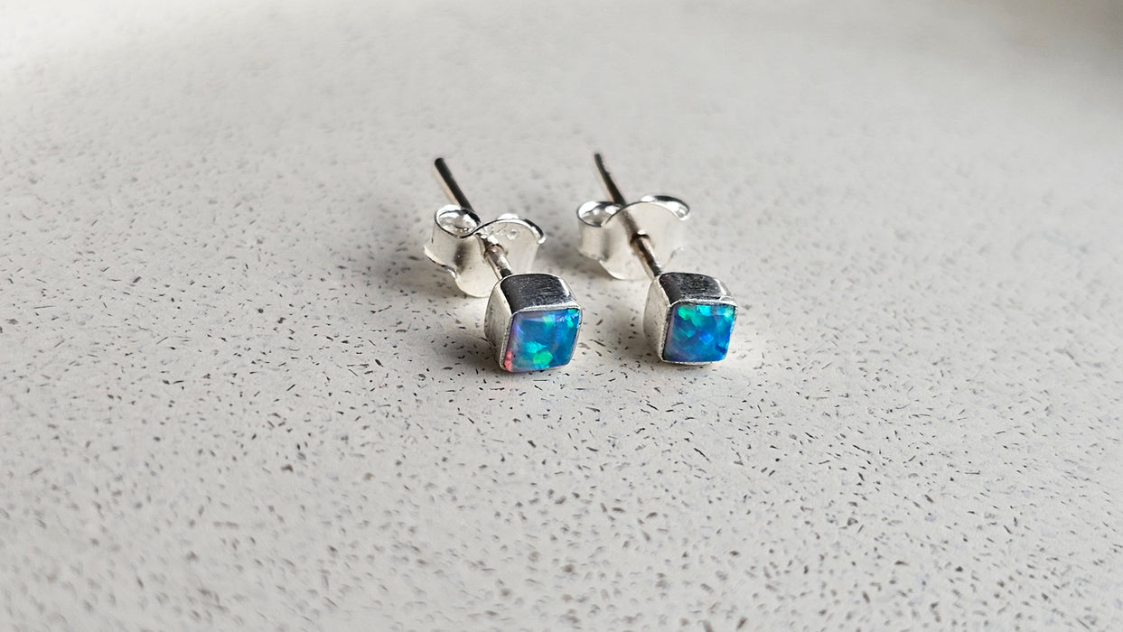Sterling silver s925 earrings blue opal Minimalist square stud