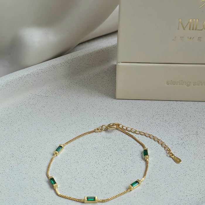 Sterling silver s925 gold plated bracelet green zirconia rectangle