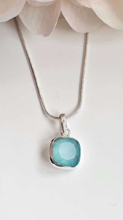 Sterling silver s925 pendant necklace blue chalcedony hand made square
