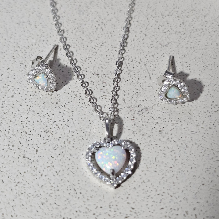 Sterling silver s925 earrings pendant necklace set Zirconia opal heart ❤️