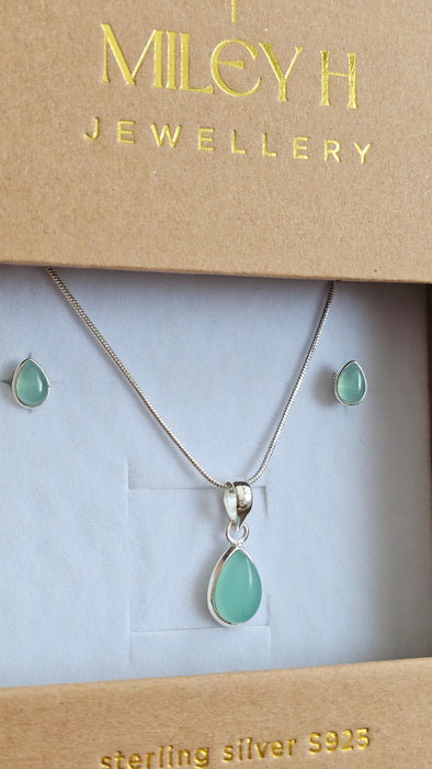 Aqua Chalcedony Sterling Silver S925 jewelry set , earrings and pendant necklace drop
