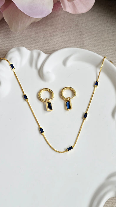Sterling silver s925 gold plated necklace earrings set Zirconia navy rectangle