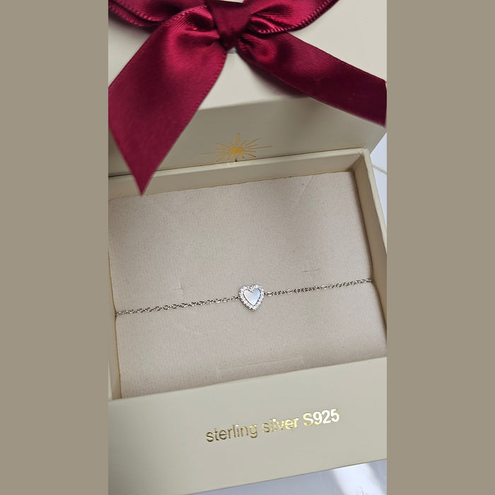 Sterling silver s925 bracelet Mother of pearl heart CZ Gift , Bridal