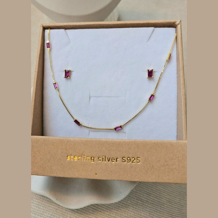 Sterling silver s925 gold plated necklace earrings set pink zirconia 💗