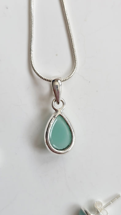 Aqua Chalcedony Sterling Silver S925 jewelry set , earrings and pendant necklace drop