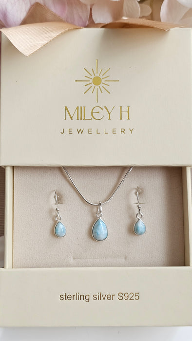 Sterling silver s925 Larimar earrings pendant necklace set